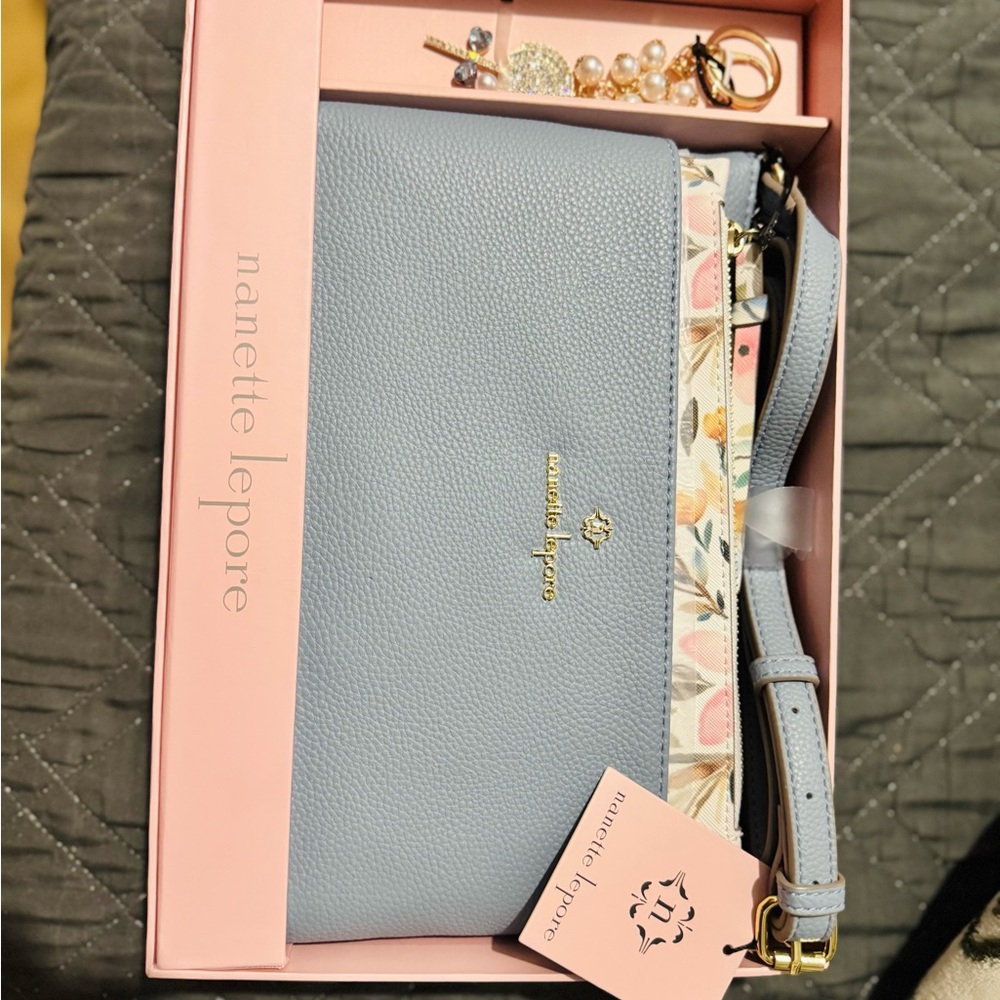 Nanette Lepore Blue Crossbody with Floral Strap